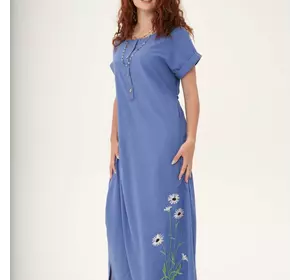 Синя довга сукня із льону "Ромашки" 270184-1, 44/46 (270184-3s4446)
