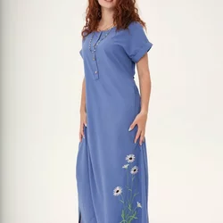 Синя довга сукня із льону "Ромашки" 270184-1, 44/46 (270184-3s4446)
