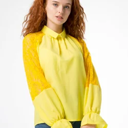 Жовта блузка декорована гіпюром 230158-1, 48/50 (230158-1s4850)
