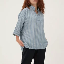 Блакитна лляна блуза в дрібну смужку 230181-1, 60/62 (230181-1s6062)