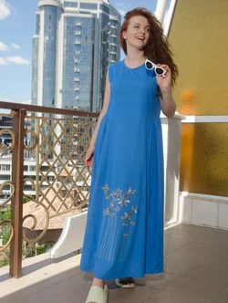 Довга лляна сукня із вишивкою "Ромашки" 270189-2, 52 (270189-2)