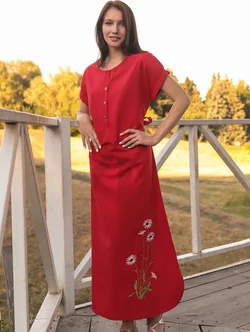 Червона довга сукня із льону "Ромашки" 270184-3, 56/58 (270184-3)